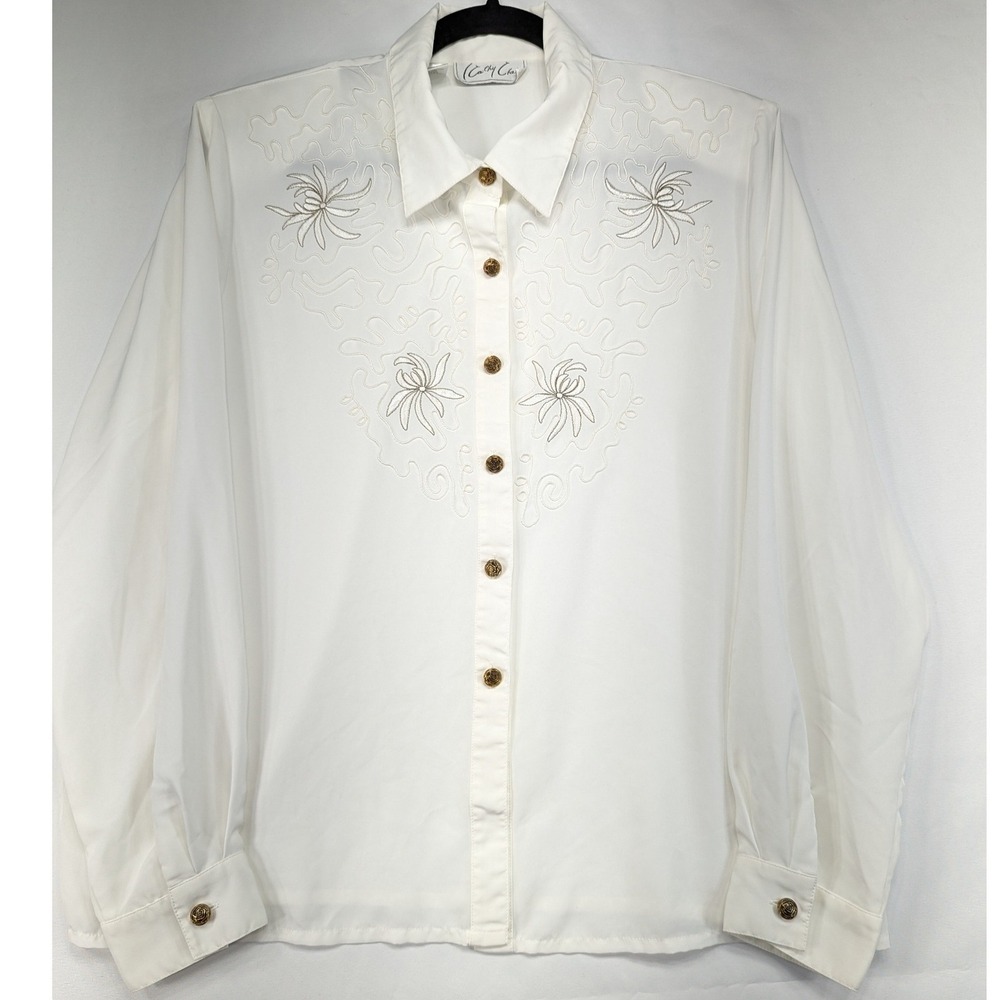 Cathy Che Womens White Long Sleeve Embroidered Button Down Shirt Top Size‎ 14
